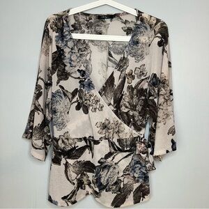 BKE metallic wrap floral kimono style Top short sleeve Sz L Boho Flowy Romantic
